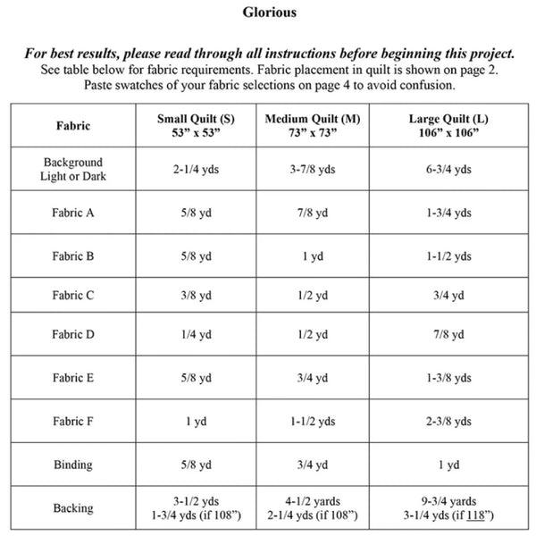 Quilt Pattern - Glorious - 53"x53", 73”x32” & 106"x106"