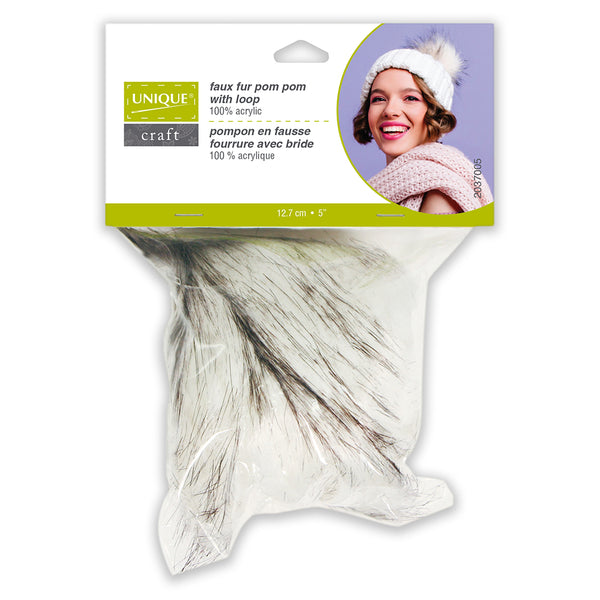 Faux Fur Pom Pom with Loop - White Heather