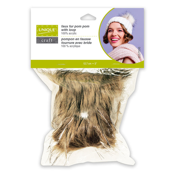 Faux Fur Pom Pom with Loop - Brown Heather