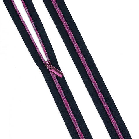 Tula Pink - Zippers by the Yard - 3y & 9 pulls - Navy with Pink Coil