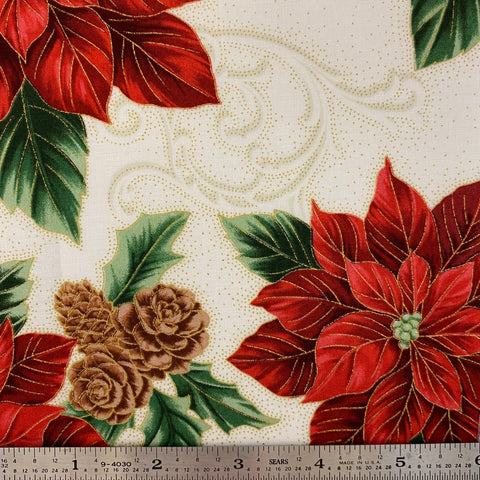 Christmas Splendor - Metallic Poinsettias & Pinecones - Natural/Gold