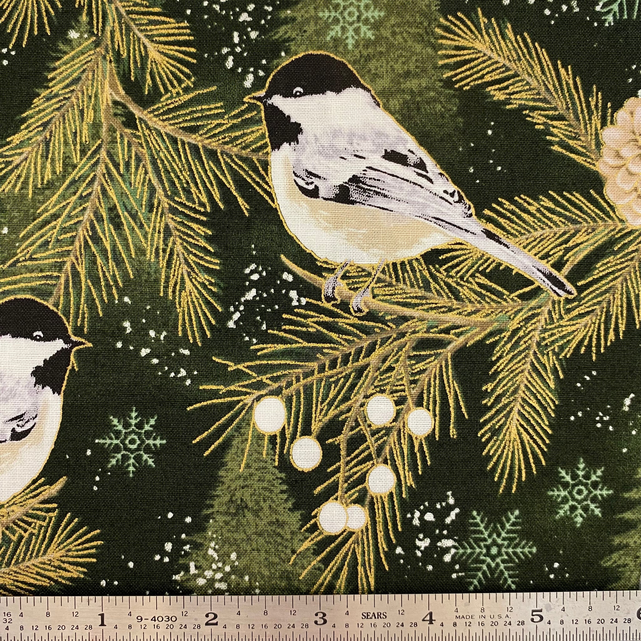 Winter's Eve - Metallic Chickadees - Forest/Gold