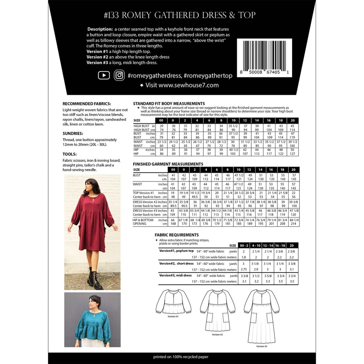Base Collection 07 Sewing Pattern Sew House Seven Pattern - Romey Gathered Dress & Top - Sizes 0 - 20 ...