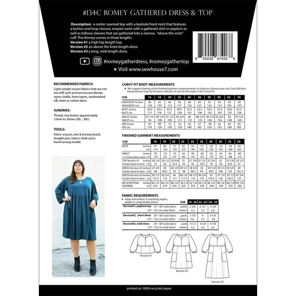 Sew House Seven Pattern - Romey Gathered Dress & Top - Sizes 16 - 34