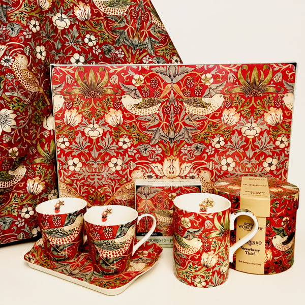 William Morris Two Tea Cups and Tray Set - Strawberry Thief - Red