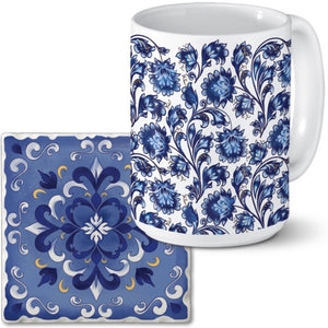 Absorbent Stone Coaster and Mug Set - Shades of Blue