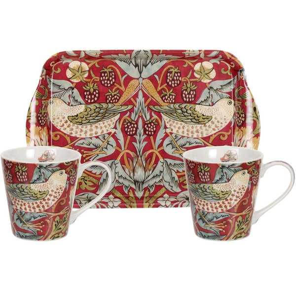 William Morris Two Tea Cups and Tray Set - Strawberry Thief - Red